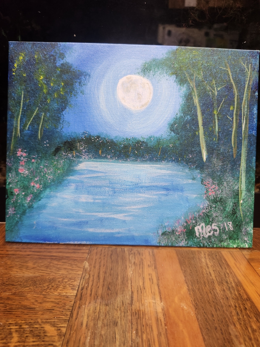 Moonlit Lake Original Landscape Painting - Blue